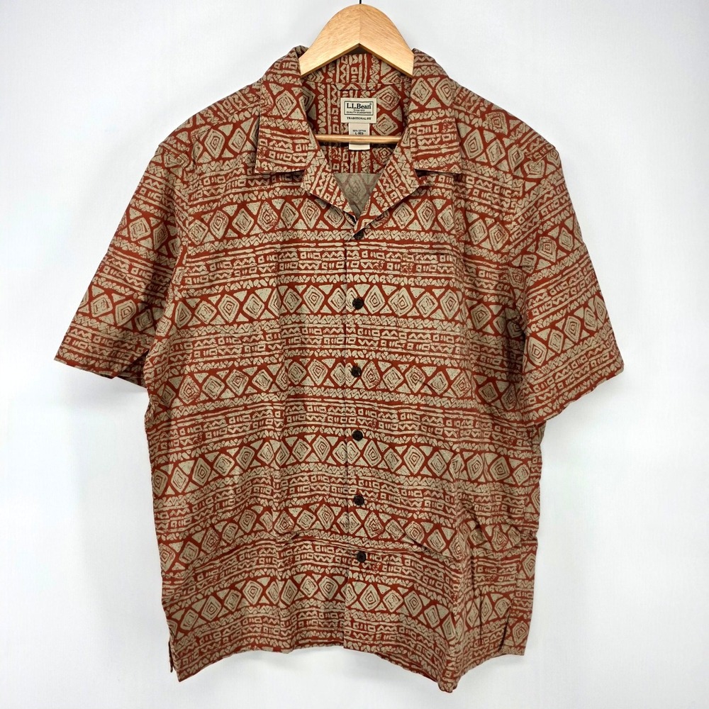 L.L. Bean Shirt Mens L Rust Geometric Tribal Print Traditional Fit 300229 Top